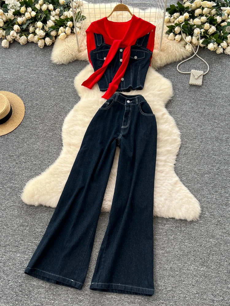 Fashion Chic Denim Sets Women Buttons Design Strap Top+Knitted Shawl+Wide Legs Long Pant American Retro Hotsweet Suits
Fashion Chic Denim Sets Women Buttons Design Strap Top+Knitted Shawl+Wide Legs Long Pant American Retro Hotsweet Suits