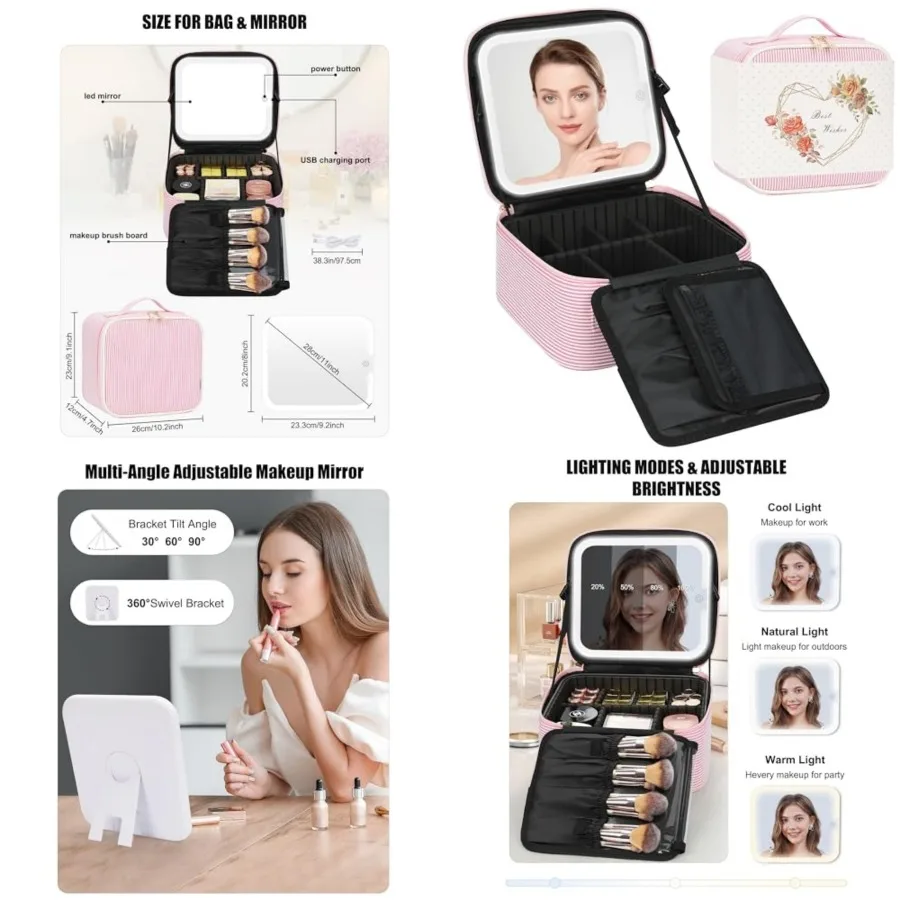 Travel Makeup Bag With LED Mirror, Portable Cosmetic Bag Organizer with Adjustable Brightness in 3 Color Scenarios, Small Cute
Travel Makeup Bag With LED Mirror, Portable Cosmetic Bag Organizer with Adjustable Brightness in 3 Color Scenarios, Small Cute