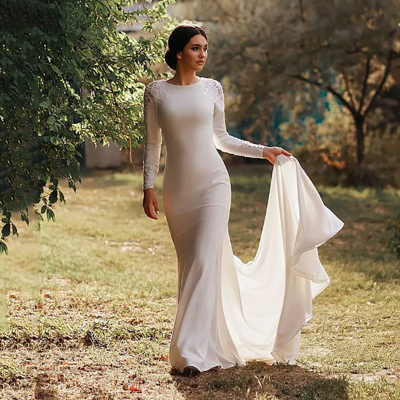 Soft Satin Mermaid Wedding Dresses Long Sleeves Lace Appliques Bridal Gown Closed Back Muslim Wedding Party Gowns
Soft Satin Mermaid Wedding Dresses Long Sleeves Lace Appliques Bridal Gown Closed Back Muslim Wedding Party Gowns