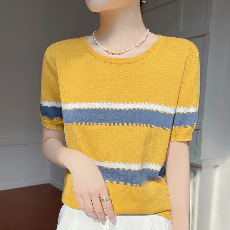 Summer 100% pure cotton women's T-shirt casual striped knitted pullover short sleeved loose round neck Tees Pull vest Tops
Summer 100% pure cotton women's T-shirt casual striped knitted pullover short sleeved loose round neck Tees Pull vest Tops
