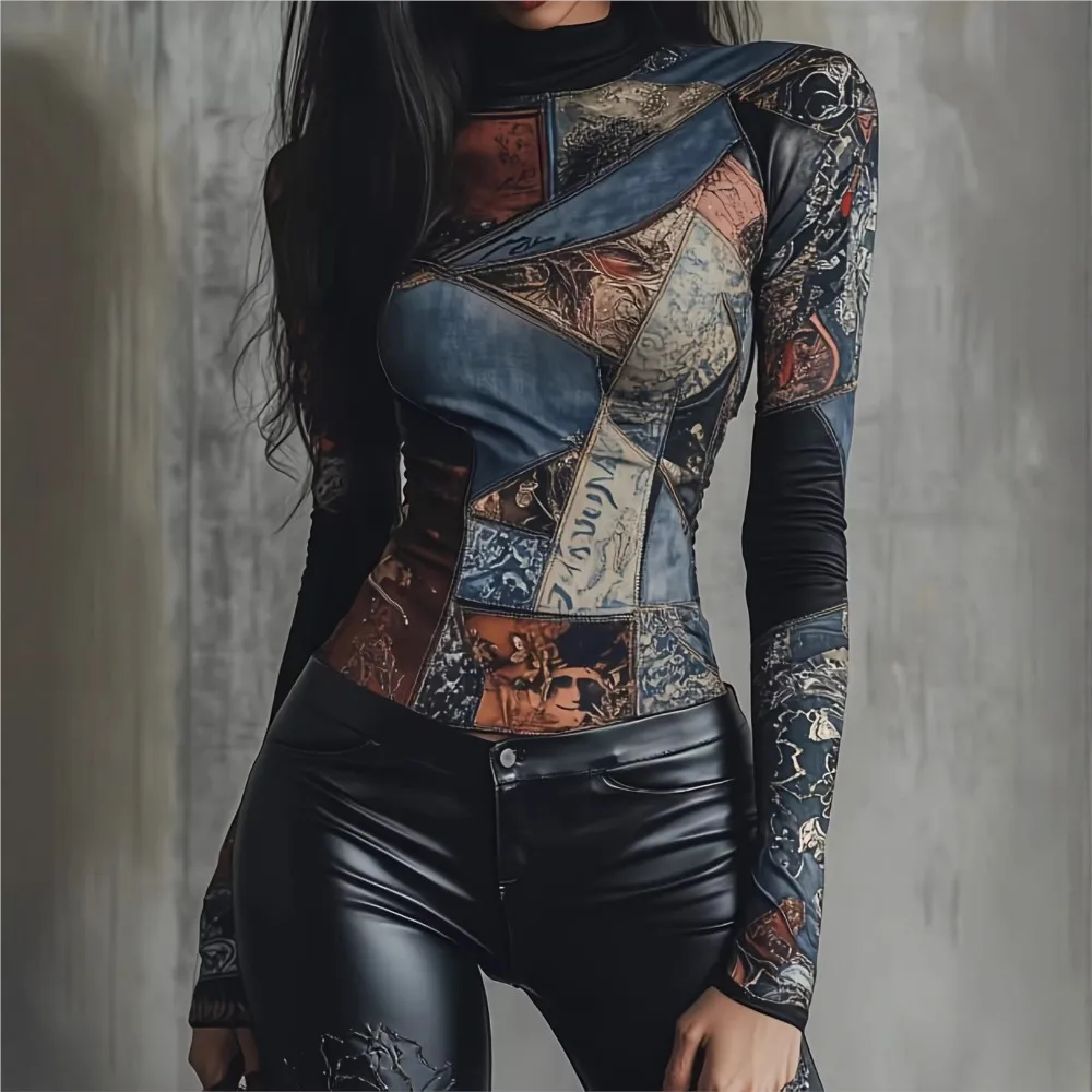 Retro Splicing Printed Tight Turtleneck Bottoming Shirt Spring Summer Women's Fitted Long-sleeved T-shirt Top Roupas Feminina
Retro Splicing Printed Tight Turtleneck Bottoming Shirt Spring Summer Women's Fitted Long-sleeved T-shirt Top Roupas Feminina