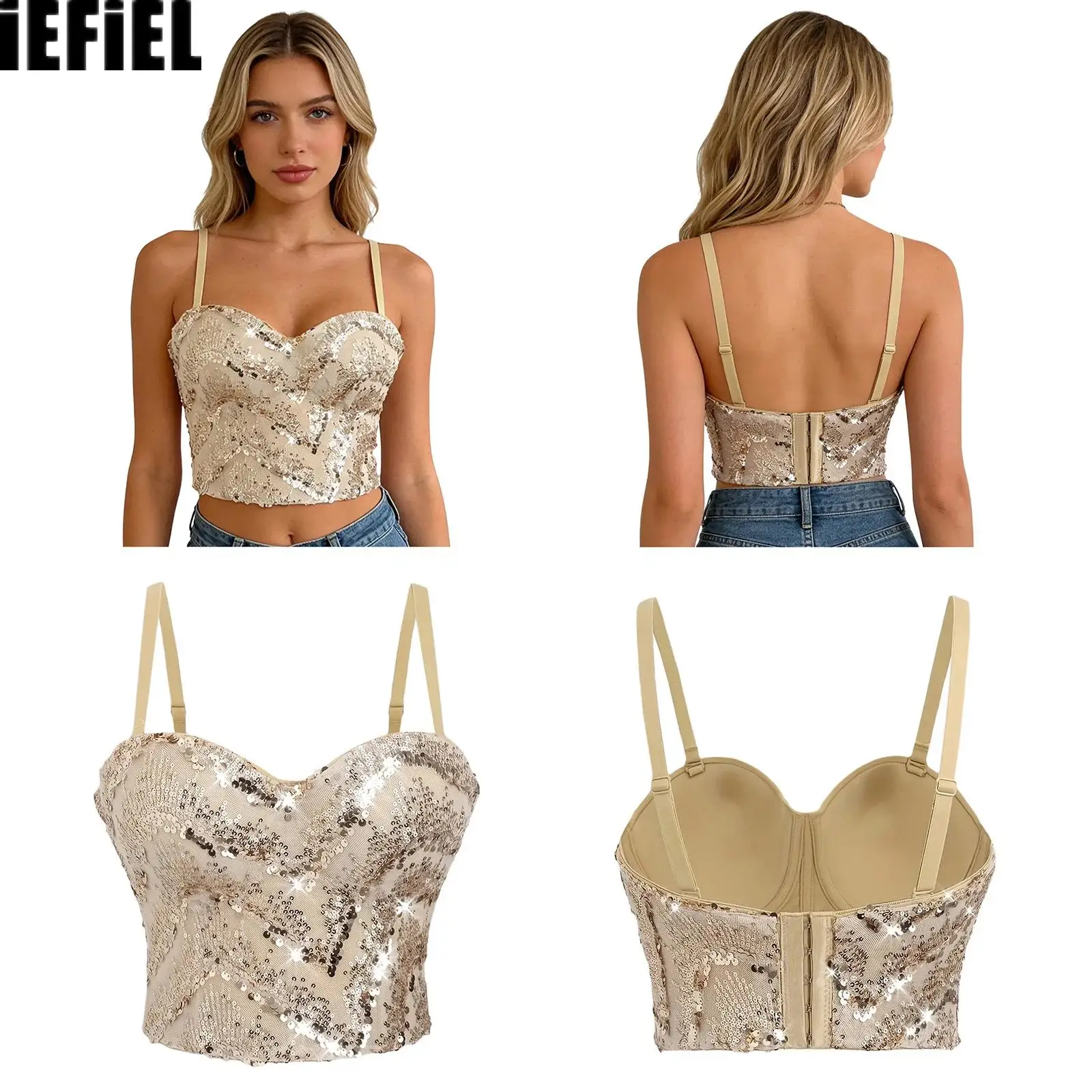 Womens Glittery Sequins Camisole Top Bustier Push-up Underwire Adjustable Straps Crop Corset Camisole Shiny Tank Top
Womens Glittery Sequins Camisole Top Bustier Push-up Underwire Adjustable Straps Crop Corset Camisole Shiny Tank Top