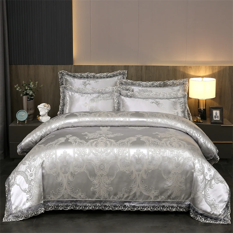 Silver Gray Jacquard Satin Bedding Set Baroque Style with Lace Trim Duvet Cover Set King Queen Size for Home Decor 2 Pillowcases
Silver Gray Jacquard Satin Bedding Set Baroque Style with Lace Trim Duvet Cover Set King Queen Size for Home Decor 2 Pillowcases