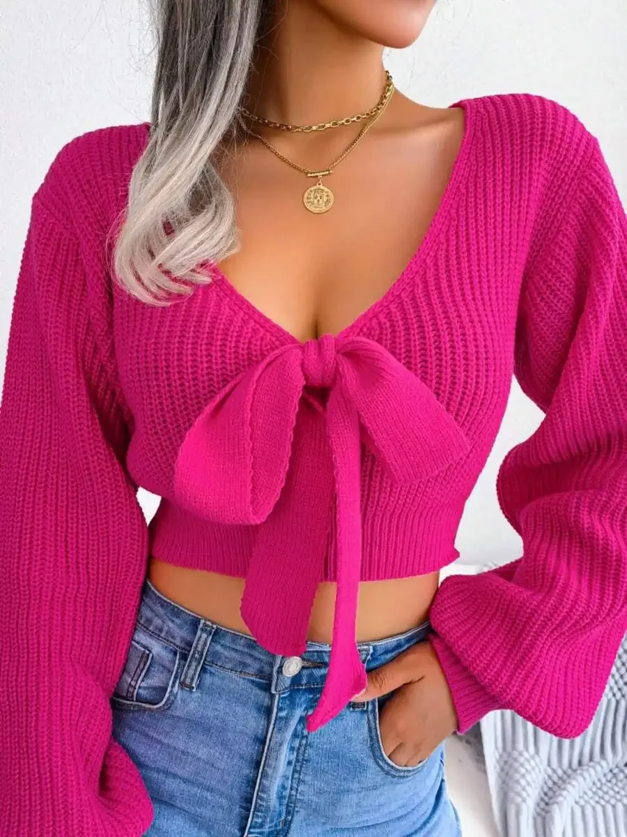 V-Neck Crop Sweater With Bow Tie Detail Long Sleeve Casual Pullover For Women
V-Neck Crop Sweater With Bow Tie Detail Long Sleeve Casual Pullover For Women