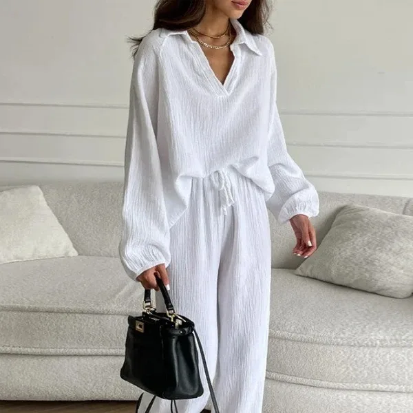 Elegant Ladies Casual Loose Suits Women's Long-sleeved Tops Drawstring Trousers Suits Autumn Lapel Two-piece Suits 2024 New
Elegant Ladies Casual Loose Suits Women's Long-sleeved Tops Drawstring Trousers Suits Autumn Lapel Two-piece Suits 2024 New