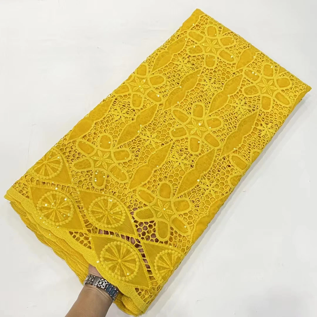 New Yellow African Guipure Cord Lace Fabric With Sequins 2023 High Quality Nigerian Water Soluble Lace Fabric For Party KDP23224
New Yellow African Guipure Cord Lace Fabric With Sequins 2023 High Quality Nigerian Water Soluble Lace Fabric For Party KDP23224