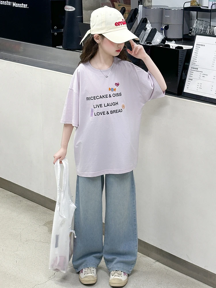 Girls Summer ort Sve T-irt Set Casual Denim Two Piece Suit Children's Faionable Clothing Cotton Long Pants
Girls Summer ort Sve T-irt Set Casual Denim Two Piece Suit Children's Faionable Clothing Cotton Long Pants