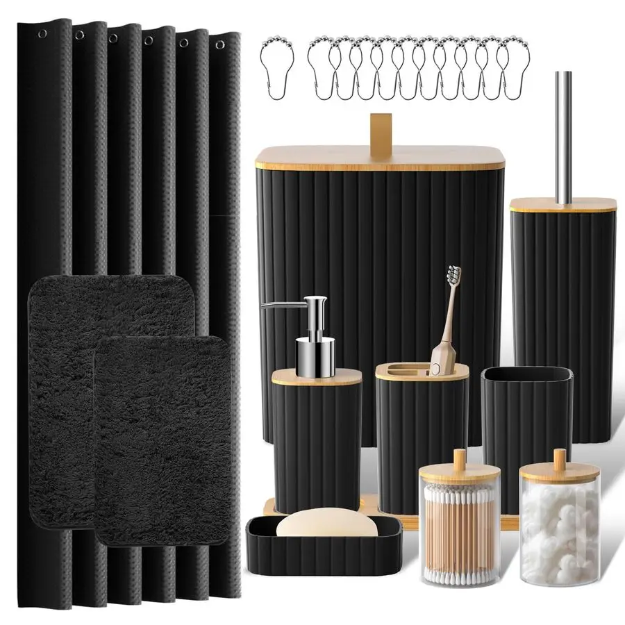 Accessories Set 24PCS Black Bathroom Set with Shower Curtain and Rugs, Trash Can, Toilet Brush Holder Set amp Soap Dispenser Sty
Accessories Set 24PCS Black Bathroom Set with Shower Curtain and Rugs, Trash Can, Toilet Brush Holder Set amp Soap Dispenser Sty