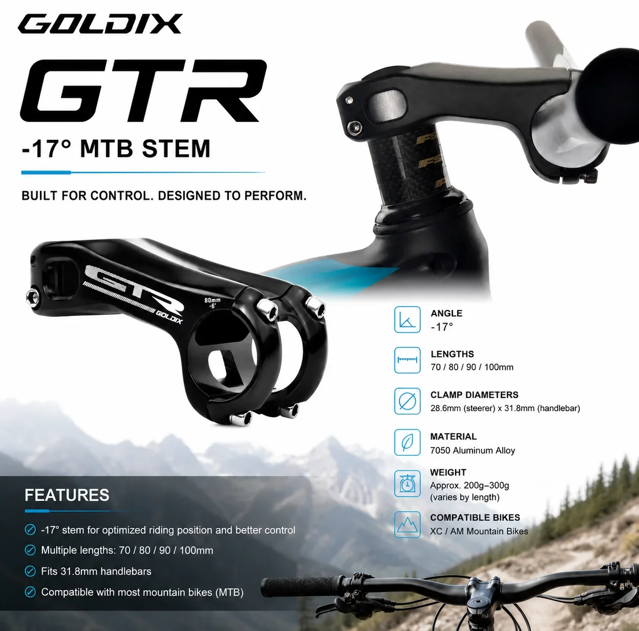 GOLDIX GTR Bicycle Stem 3D-Forged Construction 7050 Aluminum Alloy Material -17 Degrees 70mm/80mm/90mm/100mm Mountain Bike Stem
GOLDIX GTR Bicycle Stem 3D-Forged Construction 7050 Aluminum Alloy Material -17 Degrees 70mm/80mm/90mm/100mm Mountain Bike Stem