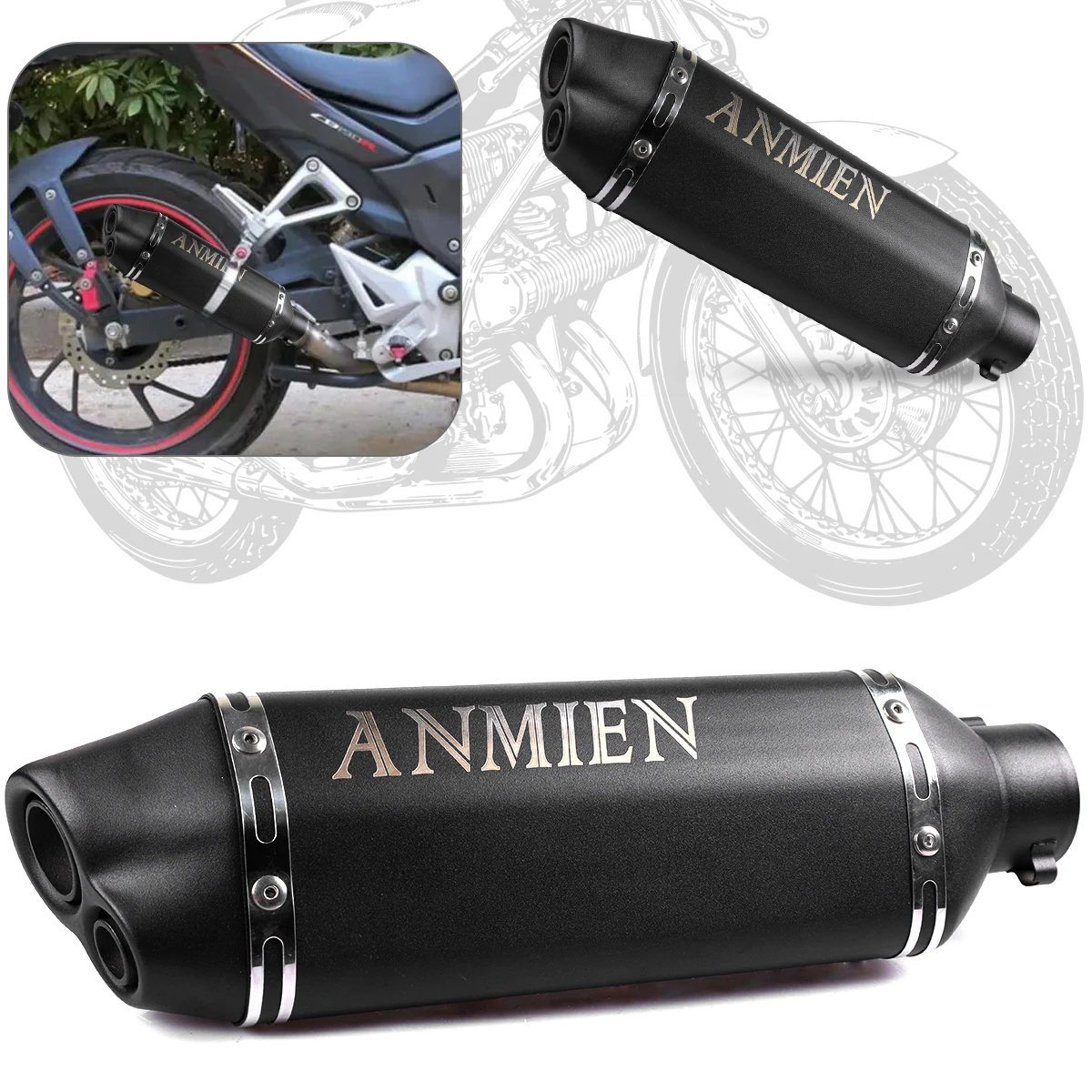 Black dual hole motorcycle exhaust pipe, stainless steel, suitable for most motorcycles. (caliber 51mm).
Black dual hole motorcycle exhaust pipe, stainless steel, suitable for most motorcycles. (caliber 51mm).