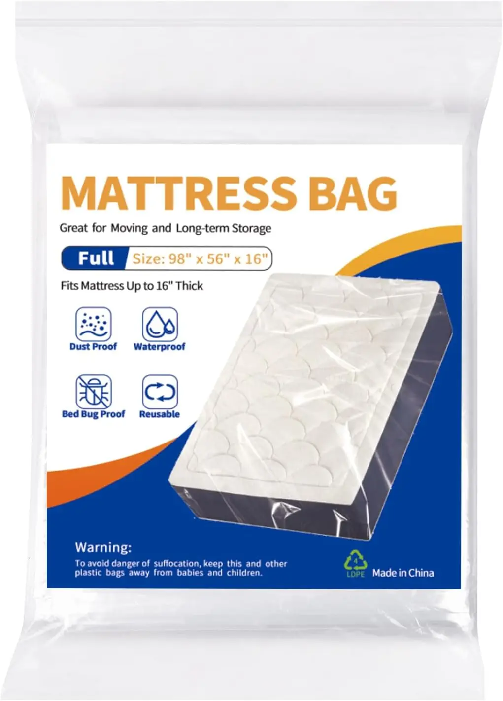 Heavy-Duty Waterproof Mattress Bag for Moving & Storage, Fits Full Mattress
Heavy-Duty Waterproof Mattress Bag for Moving & Storage, Fits Full Mattress