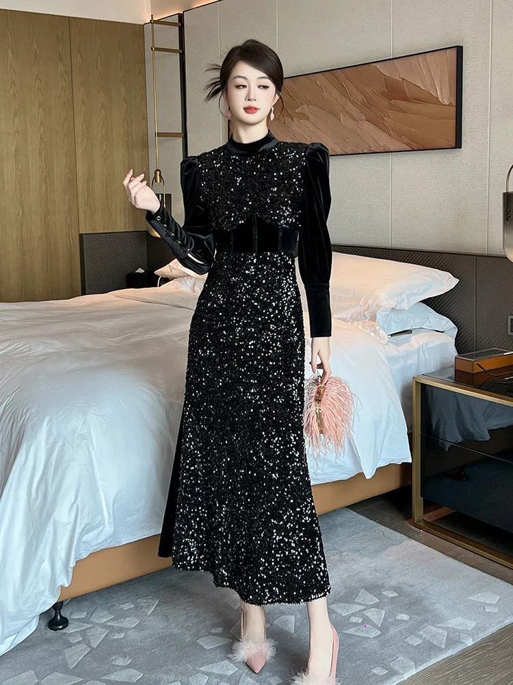 Black Long-Sleeved Banquet Annual Meeting Evening Dress for Women New Women's French Waist Sequin Dress
Black Long-Sleeved Banquet Annual Meeting Evening Dress for Women New Women's French Waist Sequin Dress