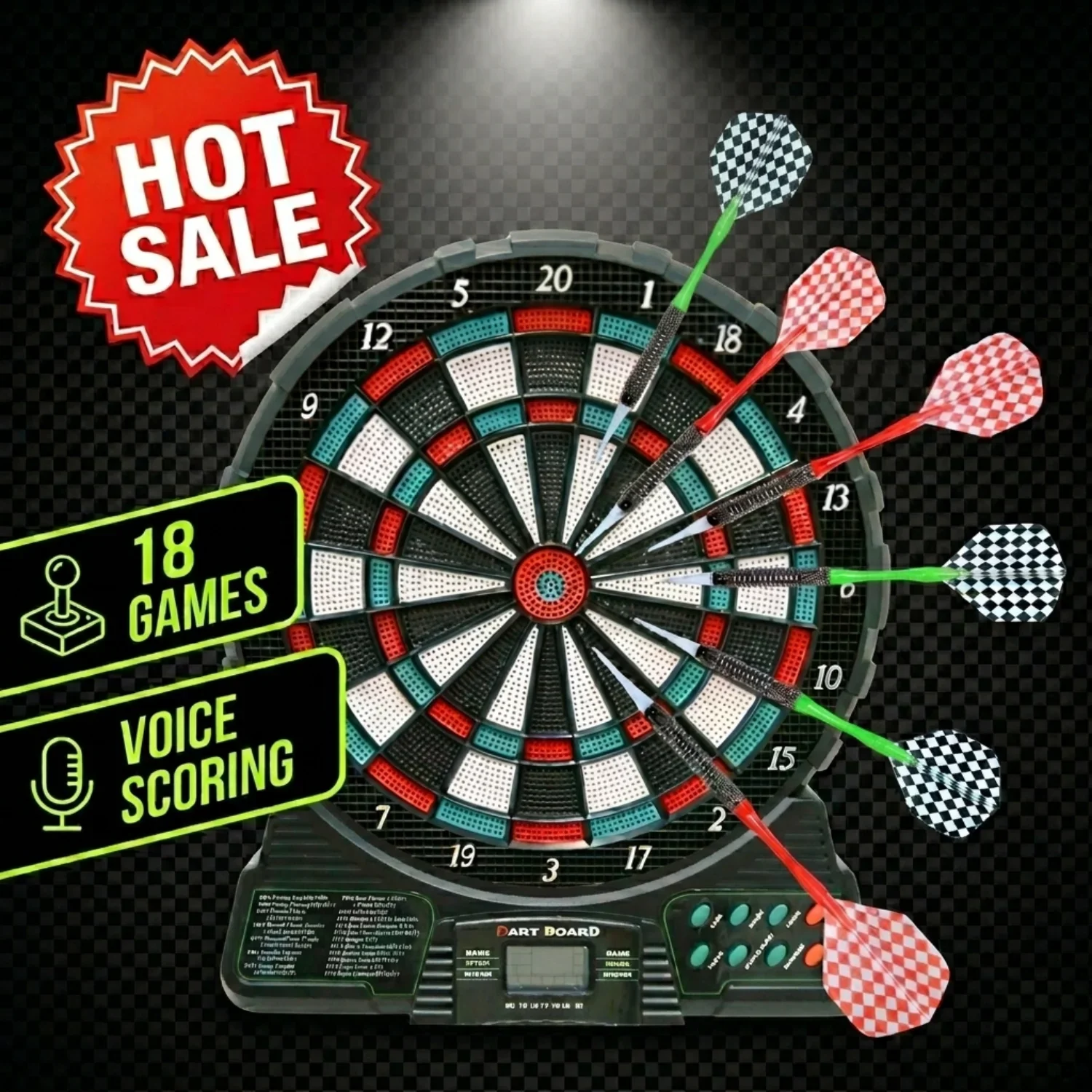 Электронный набор для игры в дартс DartVibe - 18 игр, 159 вариантов, для 1-8 игроков, светодиодный дисплей с показателями очков, 6 пластиковых дротиков, без батареек
Электронный набор для игры в дартс DartVibe - 18 игр, 159 вариантов, для 1-8 игроков, светодиодный дисплей с показателями очков, 6 пластиковых дротиков, без батареек