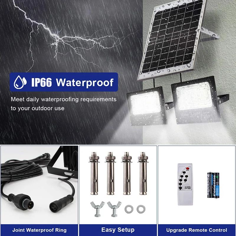 Solar flood lights outdoor remote control LED lamps panel waterproof street lamp suitable for garage supermarket farm entrance
Solar flood lights outdoor remote control LED lamps panel waterproof street lamp suitable for garage supermarket farm entrance