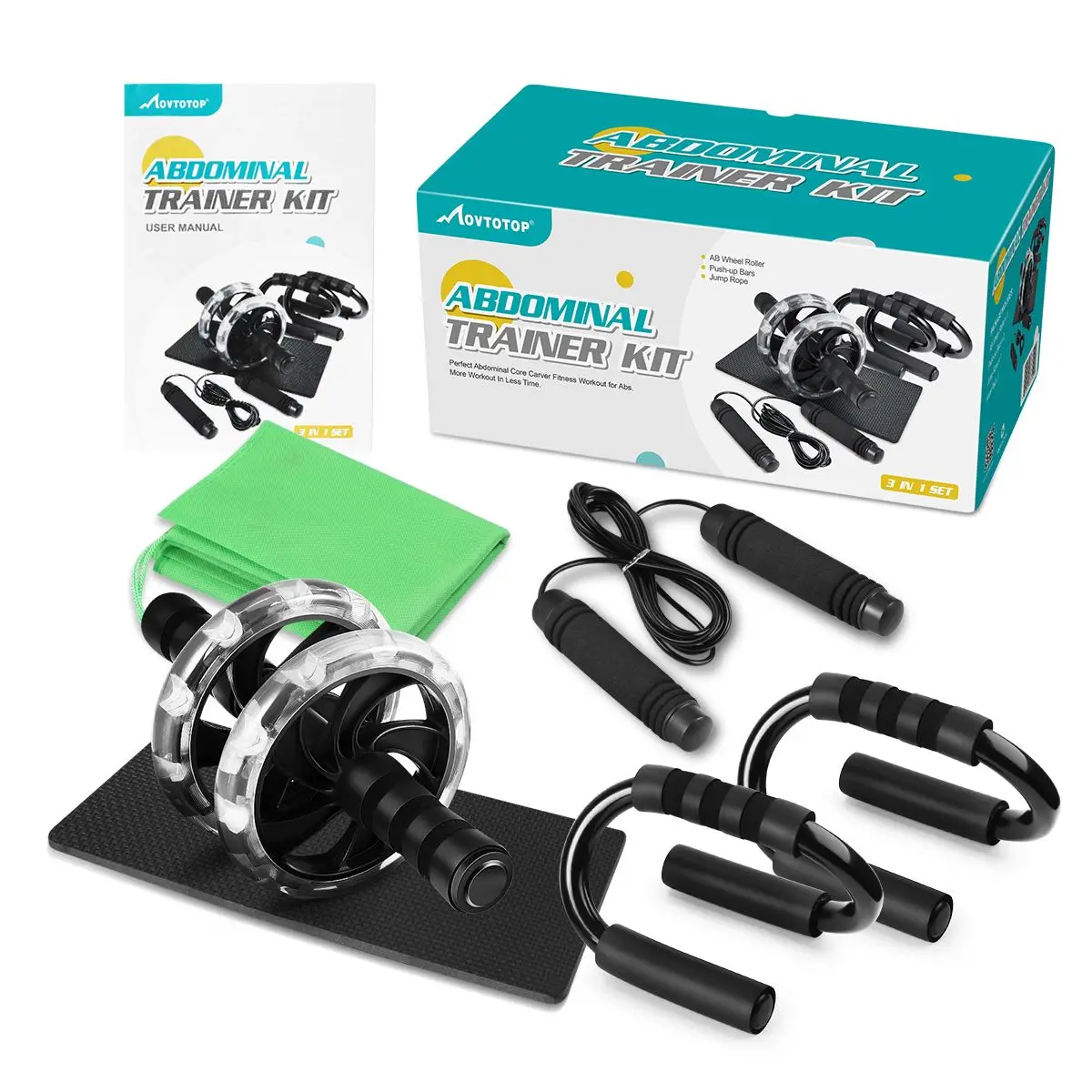 MOVTOTOP Abdominal Trainer Kit AB Wheel Roller with Push-Up Bars Jump Rope and Knee Pad Perfect Abdominal Core Carver Fitness Wo
MOVTOTOP Abdominal Trainer Kit AB Wheel Roller with Push-Up Bars Jump Rope and Knee Pad Perfect Abdominal Core Carver Fitness Wo