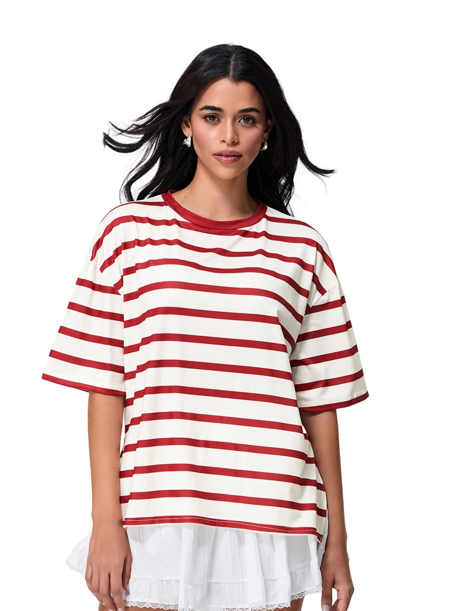 Women’s Stripes Print Tops Short Sleeve Round Neck Side Split Shirts Loose Tunics
Women’s Stripes Print Tops Short Sleeve Round Neck Side Split Shirts Loose Tunics