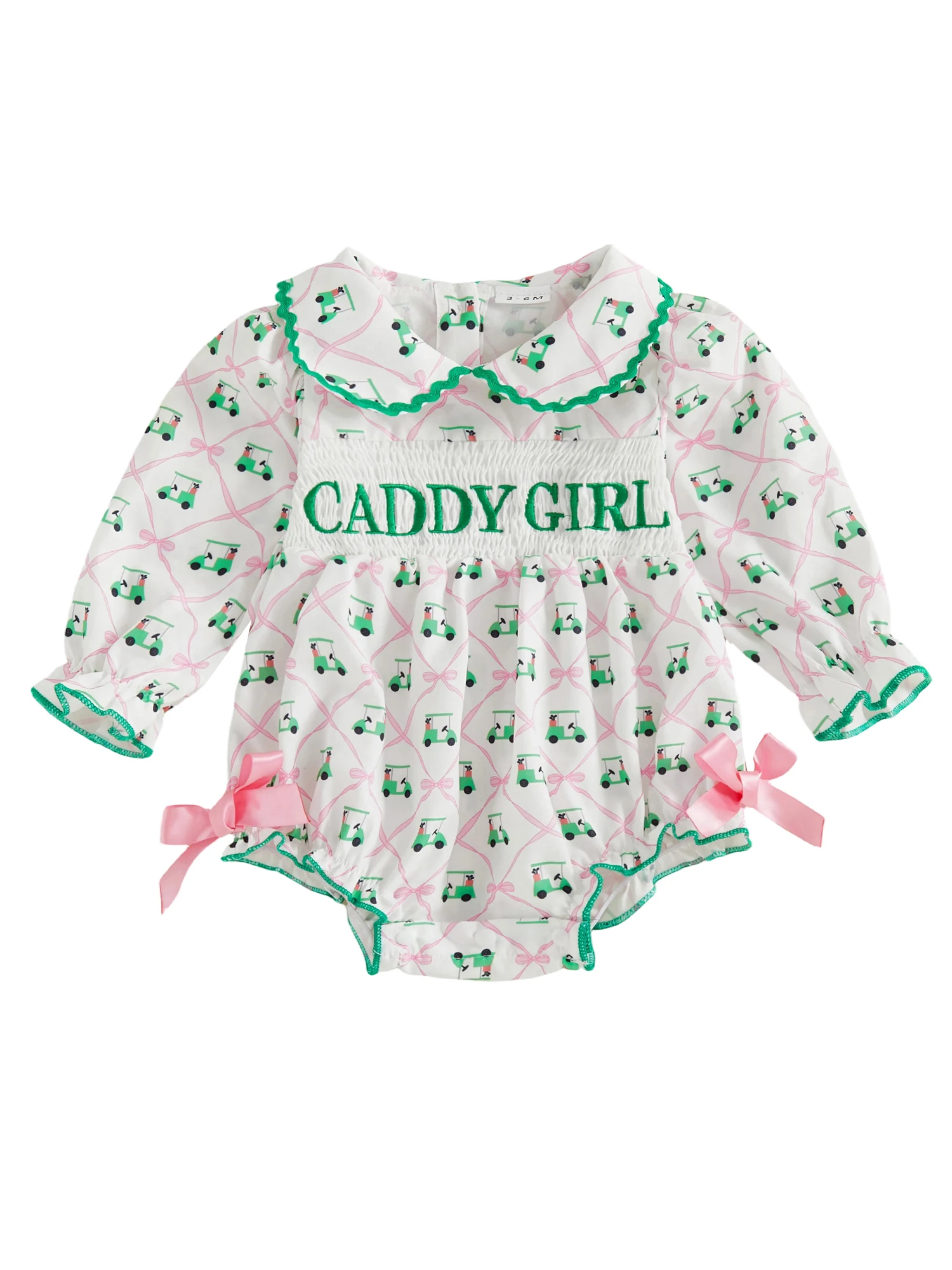 Adorable Infant Golf Romper with Bow Detail and Embroidered Letters Long Sleeves Doll Collar and Smocked Design - Perfect
Adorable Infant Golf Romper with Bow Detail and Embroidered Letters Long Sleeves Doll Collar and Smocked Design - Perfect
