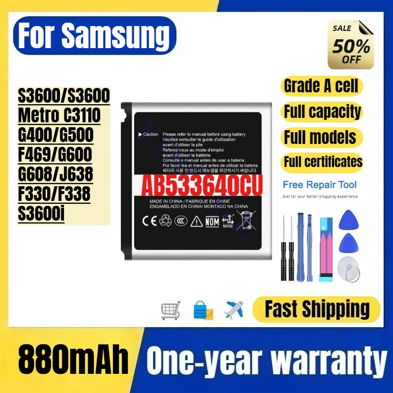 AB533640CU for Samsung S3600/S3600/Metro C3110/G400/G500/F469/G600/G608/J638/F330/F338/S3600i Mobile Phone Battery with Tools
AB533640CU for Samsung S3600/S3600/Metro C3110/G400/G500/F469/G600/G608/J638/F330/F338/S3600i Mobile Phone Battery with Tools