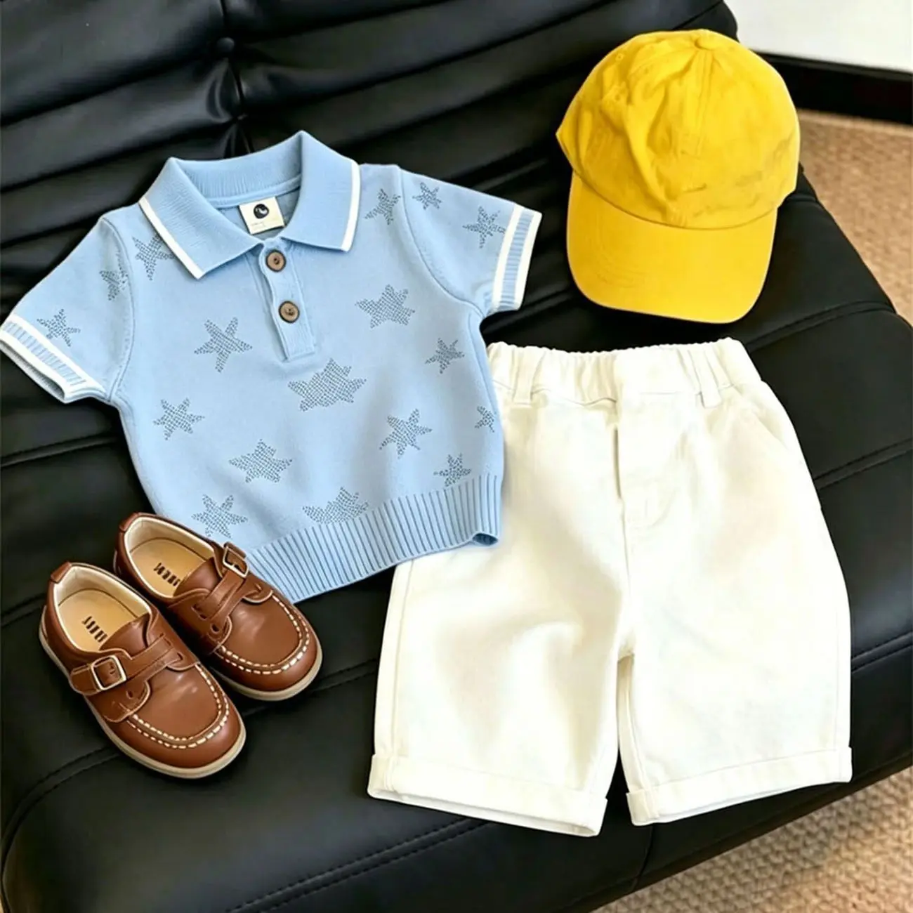 Boys Summer 2PCS Set Blue Hollow Star Polo Neck Short Sleeve Knitted Shirt And Casual Shorts for Kids
Boys Summer 2PCS Set Blue Hollow Star Polo Neck Short Sleeve Knitted Shirt And Casual Shorts for Kids