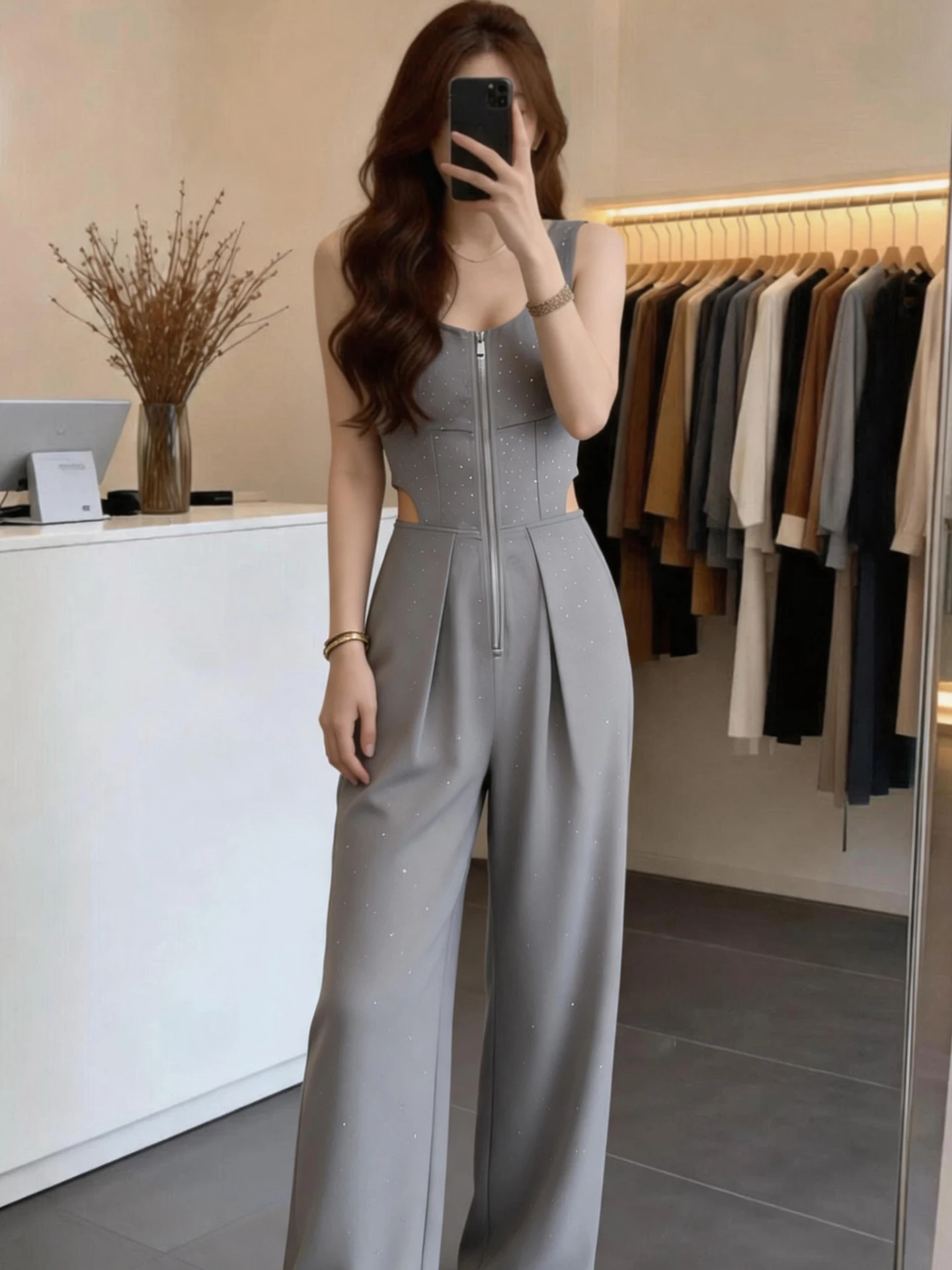 Gray High Waist Wide Leg Jumpsuit Women's Fashion Diamond Studded Commute Style Polyester Fiber Long Pants Summer 2026
Gray High Waist Wide Leg Jumpsuit Women's Fashion Diamond Studded Commute Style Polyester Fiber Long Pants Summer 2026