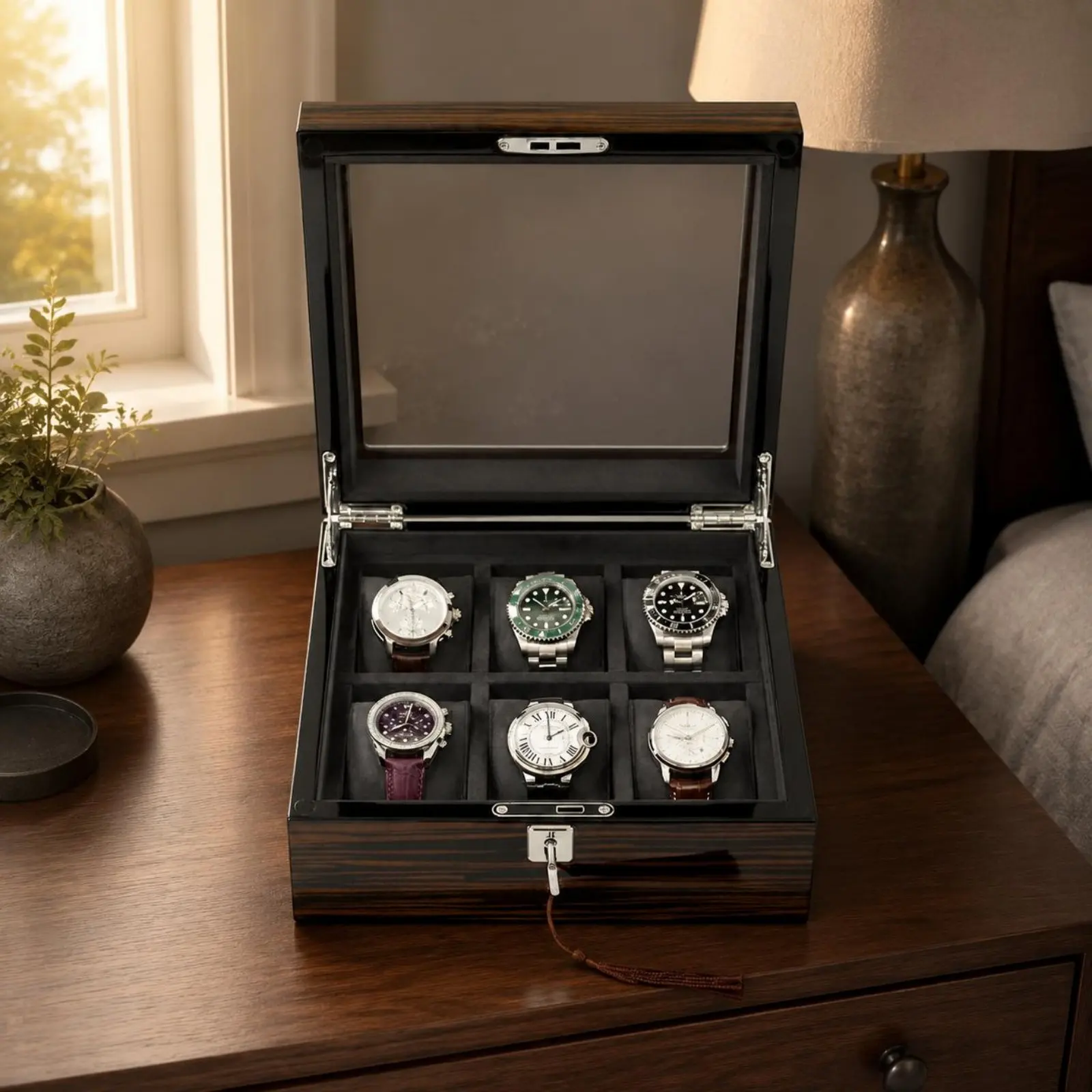 Wooden Watch Display Case Padded Slots Wooden Watch Box Storage Dark Wood-grainGrain Transparent Window
Wooden Watch Display Case Padded Slots Wooden Watch Box Storage Dark Wood-grainGrain Transparent Window