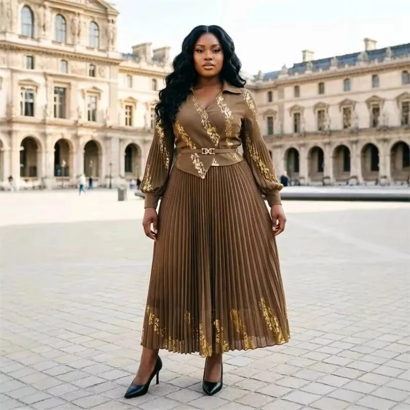 ANLAN Gold Foil Printing Women's Pleated Dress V Neck Fake Two Pieces Long Sleeve Belted Waist Fashion Famale Clothing 2AN5917
ANLAN Gold Foil Printing Women's Pleated Dress V Neck Fake Two Pieces Long Sleeve Belted Waist Fashion Famale Clothing 2AN5917