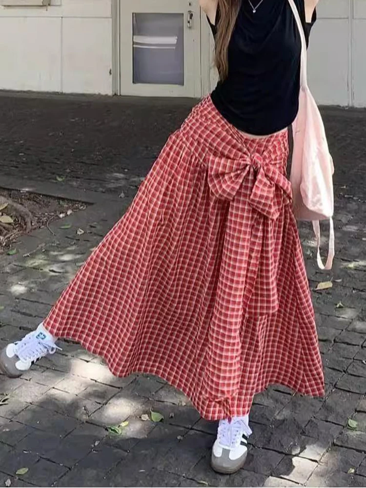 Zoki Vintage Red Plaid Long Skirts Women Sweet Bow High Waist A Line Skirt Vintage Korean Loose Casual Design Female Skirt New 
Zoki Vintage Red Plaid Long Skirts Women Sweet Bow High Waist A Line Skirt Vintage Korean Loose Casual Design Female Skirt New