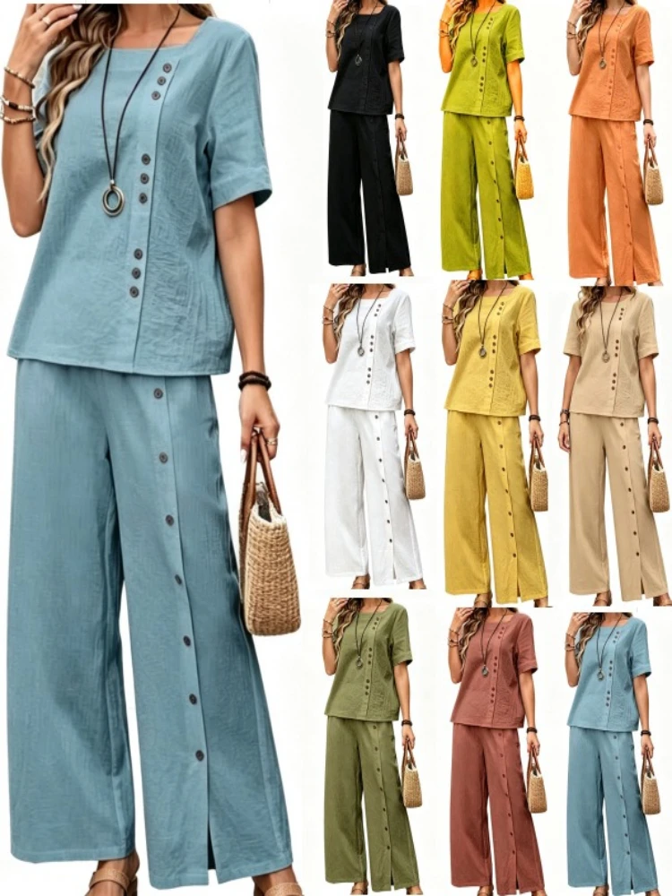 New Popular Cotton and Linen Fashion Casual Loose Two-piece Set Short Sleeved Top Button Loose Wide Leg Pants Women's Clothing
New Popular Cotton and Linen Fashion Casual Loose Two-piece Set Short Sleeved Top Button Loose Wide Leg Pants Women's Clothing