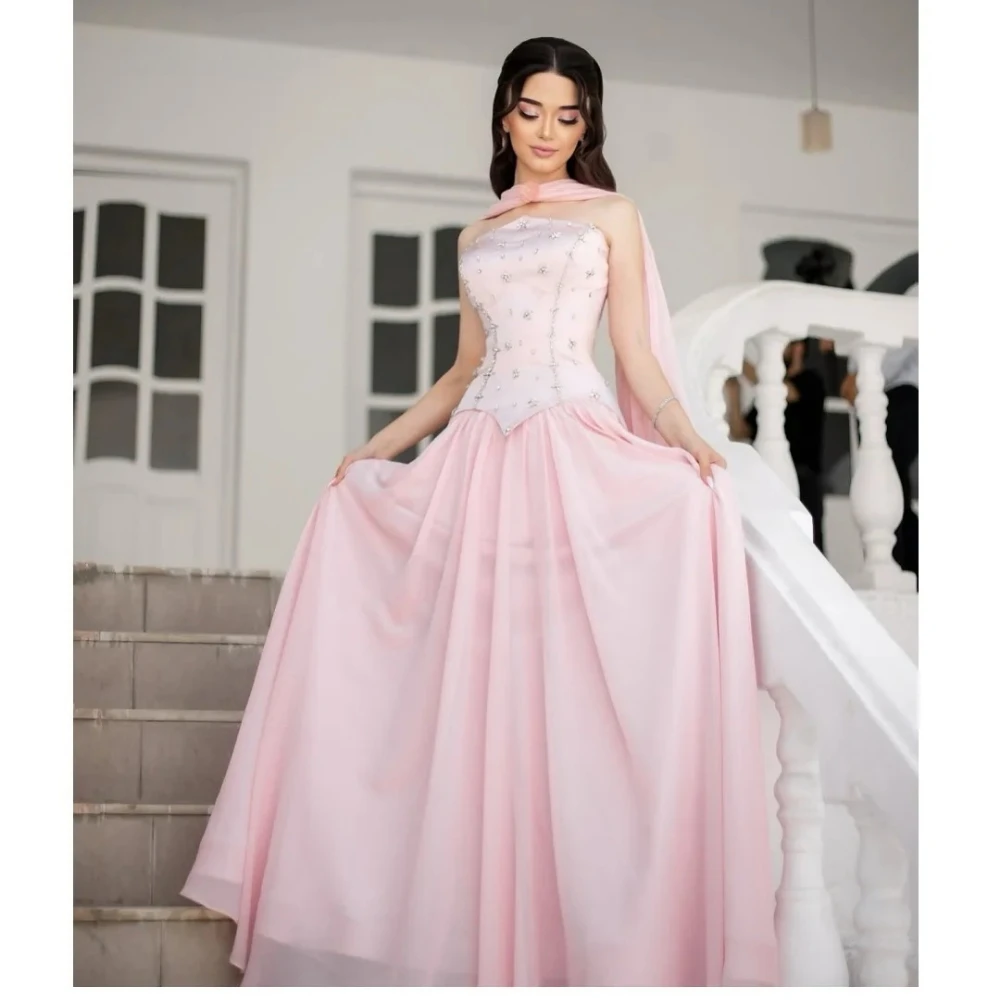 Pink Evening Dress with Shawl Crystal Strapless Sleeveless A Line Prom Gown Pleated Chiffon Long Formal Party Dress Customized
Pink Evening Dress with Shawl Crystal Strapless Sleeveless A Line Prom Gown Pleated Chiffon Long Formal Party Dress Customized