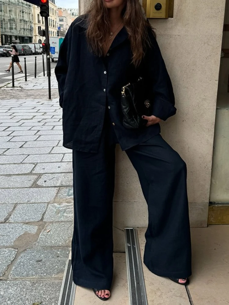 Women Cotton Casual Cozy Lapel Shirt Pants Suits Fashion Single Breasted Blouses Pant Set Spring Summer Loose Outfits
Women Cotton Casual Cozy Lapel Shirt Pants Suits Fashion Single Breasted Blouses Pant Set Spring Summer Loose Outfits