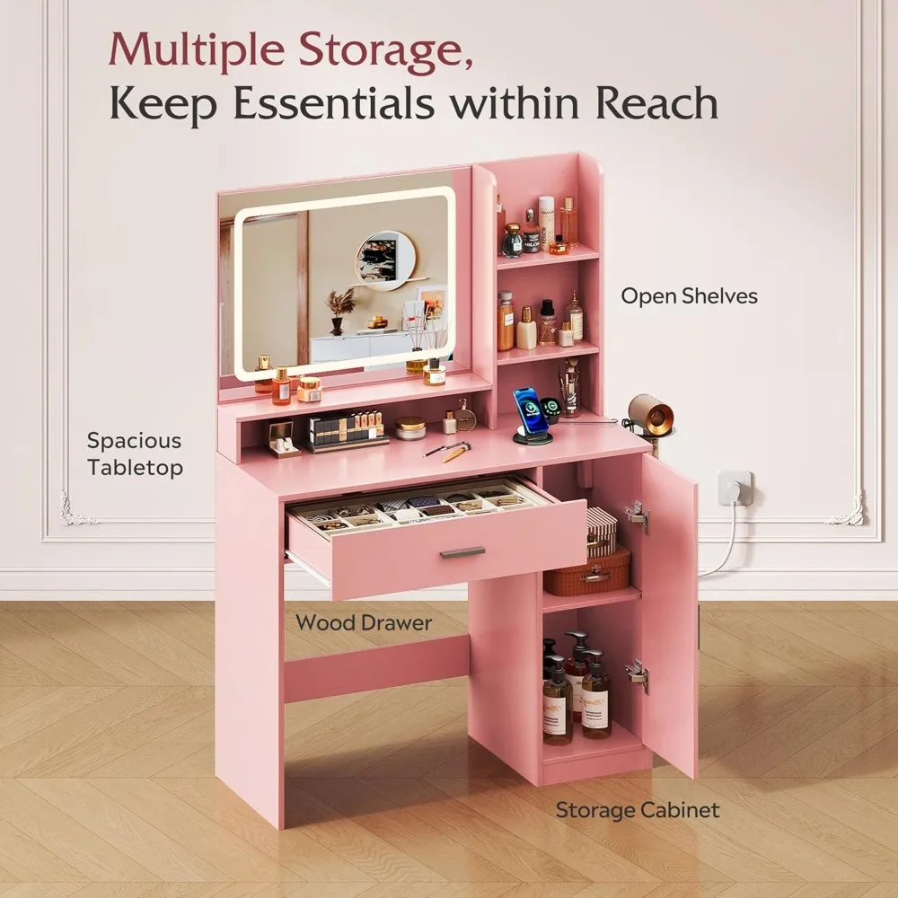 Pink Vanity Desk with Mirror and Lights, Makeup Vanity Table with Drawer, Cabinet and Open Shelves, Customized
Pink Vanity Desk with Mirror and Lights, Makeup Vanity Table with Drawer, Cabinet and Open Shelves, Customized