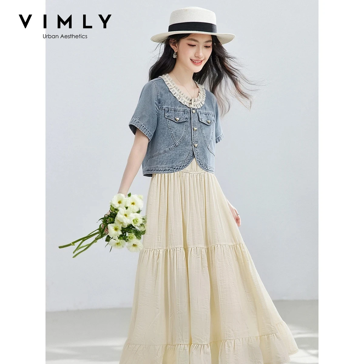 VIMLY Women French Dress Set Summer 2026 New Denim Short Jacket Long Dress Two-piece Set Fashion Elegant Woman Clothing 31056
VIMLY Women French Dress Set Summer 2026 New Denim Short Jacket Long Dress Two-piece Set Fashion Elegant Woman Clothing 31056