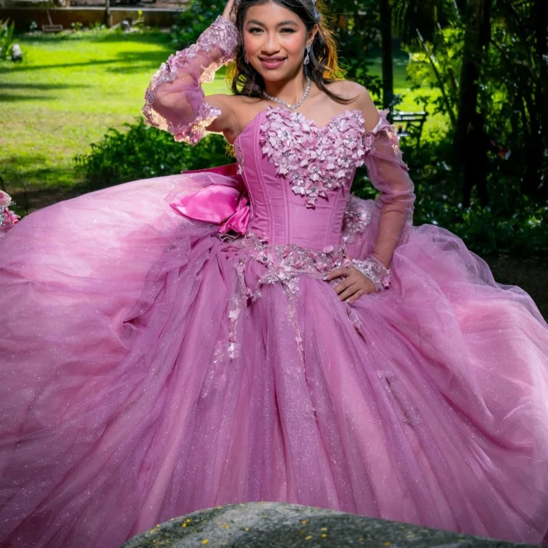 Shiny Pink Quinceanera Dress off-shoulder Glitter Crystal 3D Flower Decal Long tail Bow vestidos de 15 Quinceanera Customize
Shiny Pink Quinceanera Dress off-shoulder Glitter Crystal 3D Flower Decal Long tail Bow vestidos de 15 Quinceanera Customize