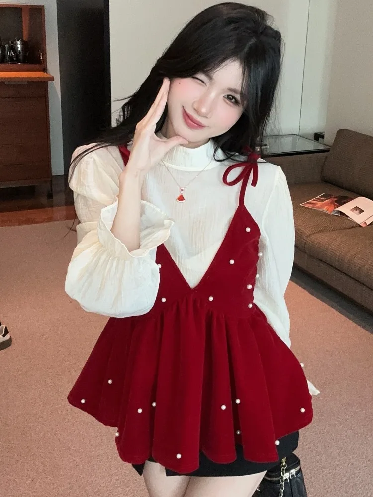 Korean Style Sweet Velvet Shirt Women's Slim Fit Spring Autumn New Waist Cinching Bell Sleeve Two Piece Set Red Color
Korean Style Sweet Velvet Shirt Women's Slim Fit Spring Autumn New Waist Cinching Bell Sleeve Two Piece Set Red Color