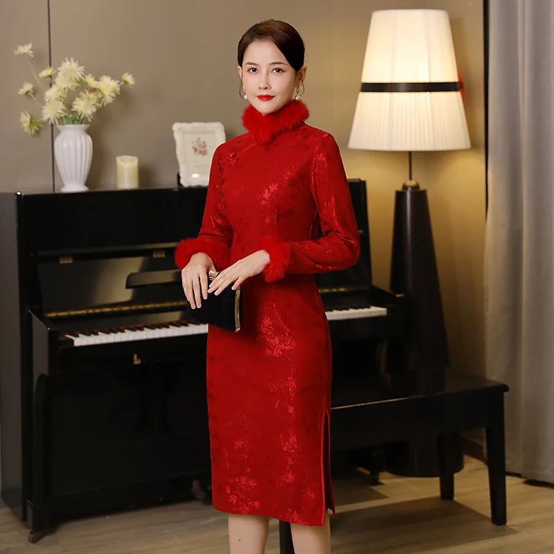 Yourqipao Mid-length Long-sleeved Lace Cheongsam Dress Red Winter Velvet Thickened Qipao Evening Dress 2024
Yourqipao Mid-length Long-sleeved Lace Cheongsam Dress Red Winter Velvet Thickened Qipao Evening Dress 2024