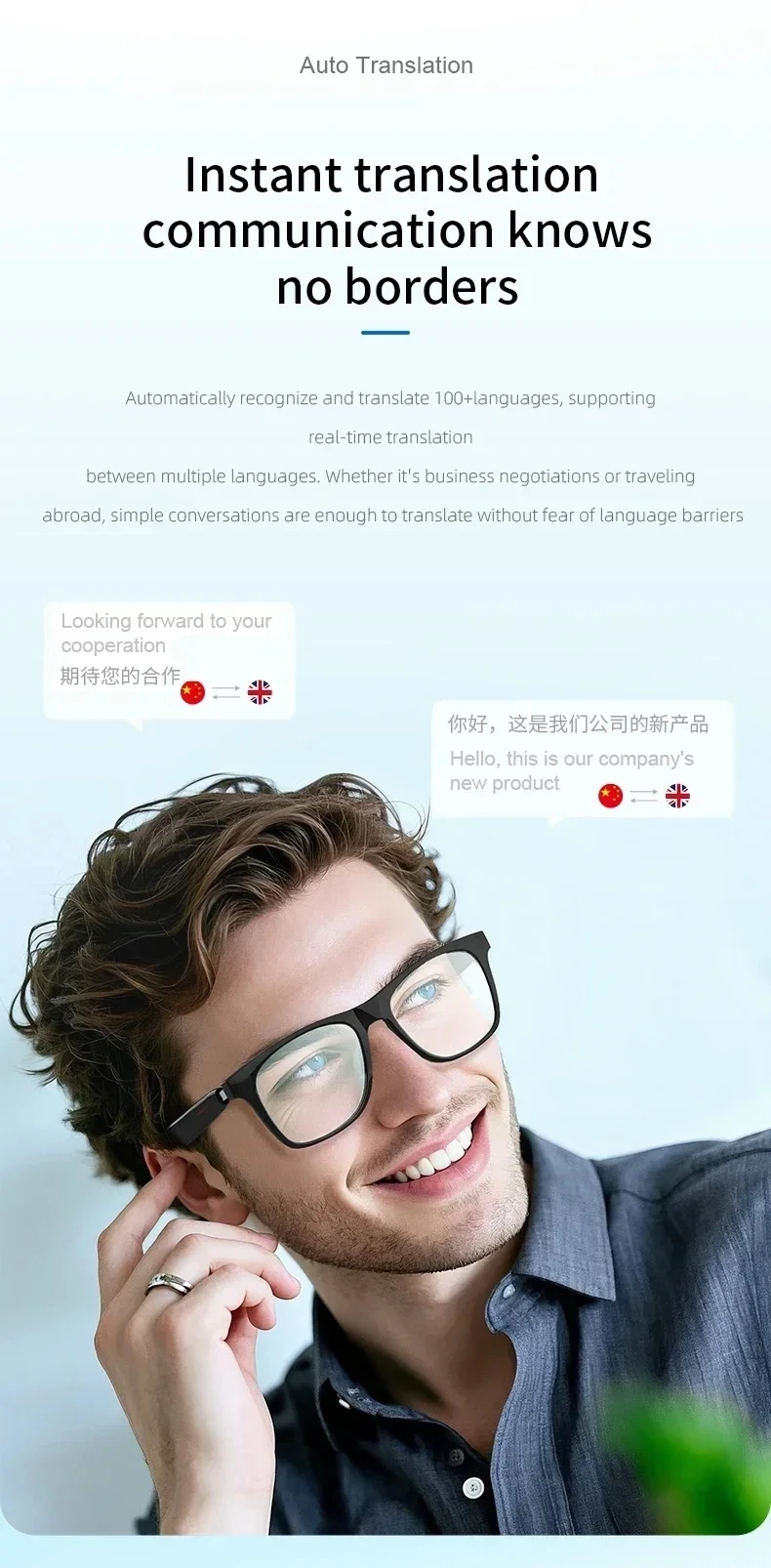 Smart glasses, AI Bluetooth glasses, real-time translation in multiple languages, listening to music and making calls 
Smart glasses, AI Bluetooth glasses, real-time translation in multiple languages, listening to music and making calls