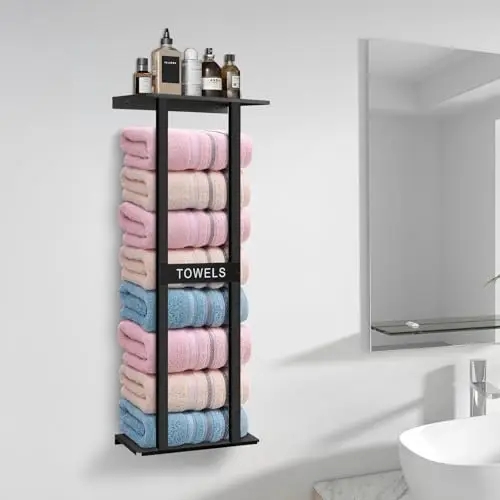 Black 30-Inch Vertical Wall Mount Towel Organizer With Shelf – Heavy Duty Storage For Six Rolled Towels, Compact Bathroom
Black 30-Inch Vertical Wall Mount Towel Organizer With Shelf – Heavy Duty Storage For Six Rolled Towels, Compact Bathroom