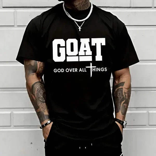Graphic T-shirt featuring 'God Over All' design, 100% cotton comfort
Graphic T-shirt featuring 'God Over All' design, 100% cotton comfort
