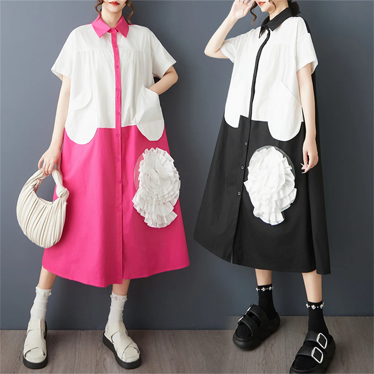 Summer New Loose Large Size Beaded Flowers Appliques Long Dresses Women's Splicing Casual Short-sleeved Shirt Dress
Summer New Loose Large Size Beaded Flowers Appliques Long Dresses Women's Splicing Casual Short-sleeved Shirt Dress