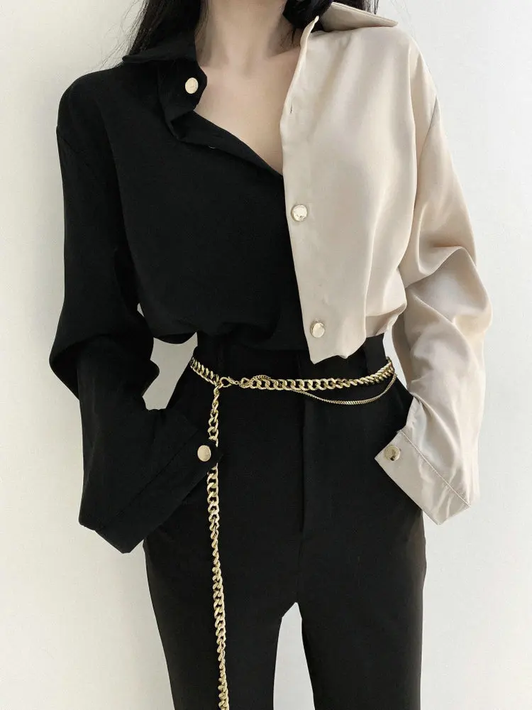 Ele Pure Color Spring irt with Gold Button Plaet Long Sve Collar Split Color Design Busin Casual Women's Top
Ele Pure Color Spring irt with Gold Button Plaet Long Sve Collar Split Color Design Busin Casual Women's Top