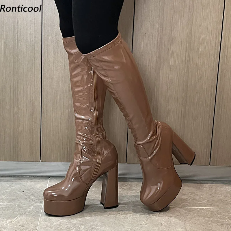 Ronticool Handmade Women Stretch Knee High Boots Glossy Side Zipper Chunky Heel Round Toe Brown Party Shoes US Size 5-20
Ronticool Handmade Women Stretch Knee High Boots Glossy Side Zipper Chunky Heel Round Toe Brown Party Shoes US Size 5-20