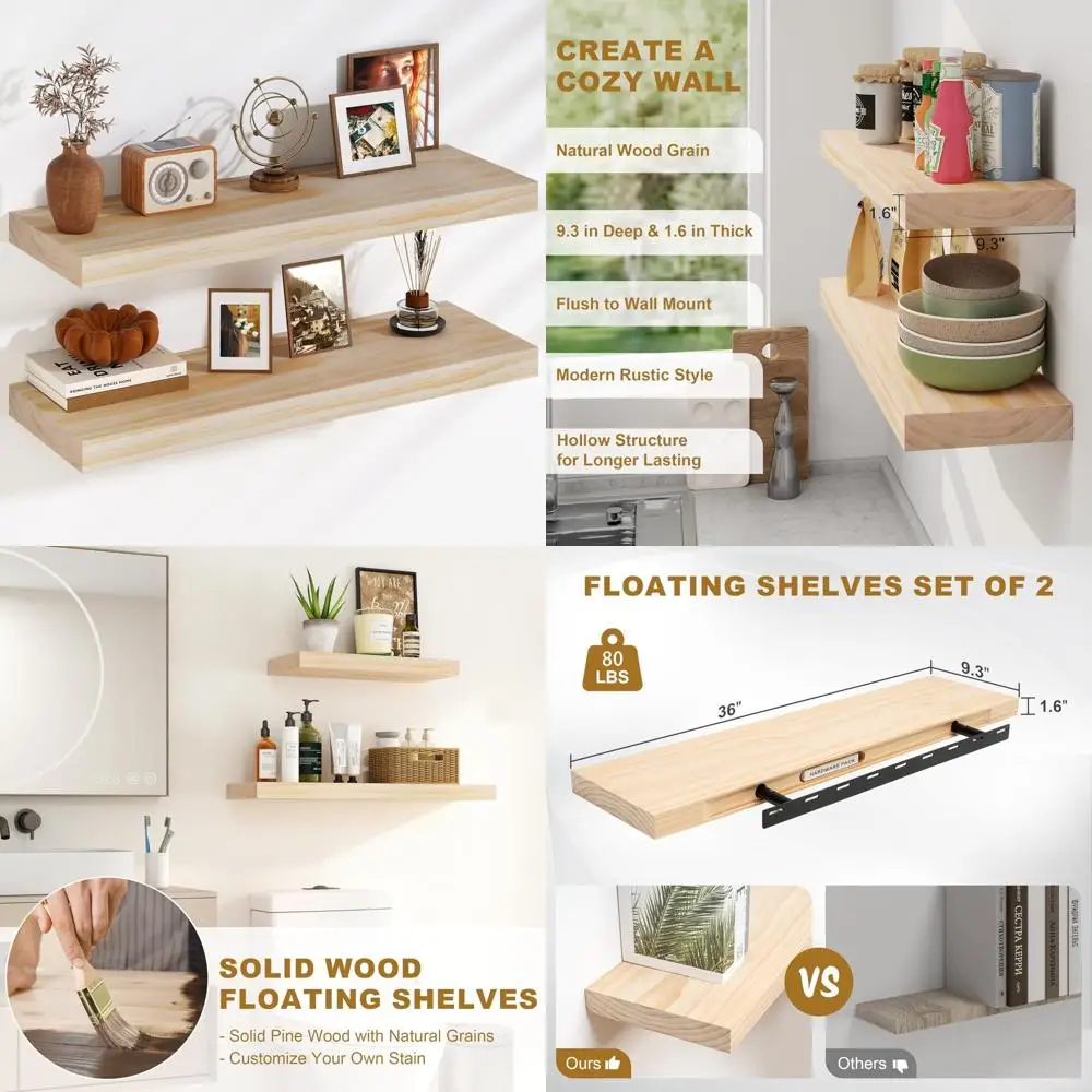 Deep 9.3-Inch Solid Pine Wood Floating Shelves for Wall-Mounted Storage and Display
Deep 9.3-Inch Solid Pine Wood Floating Shelves for Wall-Mounted Storage and Display