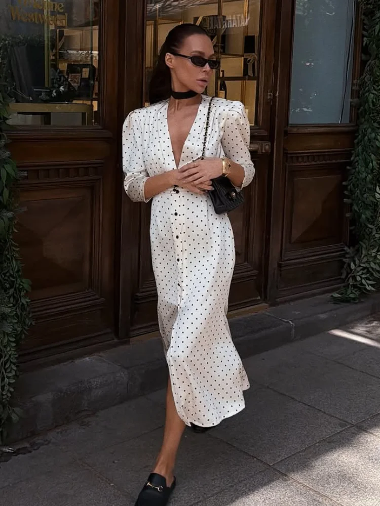 Women Elegant Polka Dot Midi Dress Sexy Deep V-neck Half Sleeve Waist Cinching Split Slim Dresses 2026 Summer Lady Street Robe
Women Elegant Polka Dot Midi Dress Sexy Deep V-neck Half Sleeve Waist Cinching Split Slim Dresses 2026 Summer Lady Street Robe