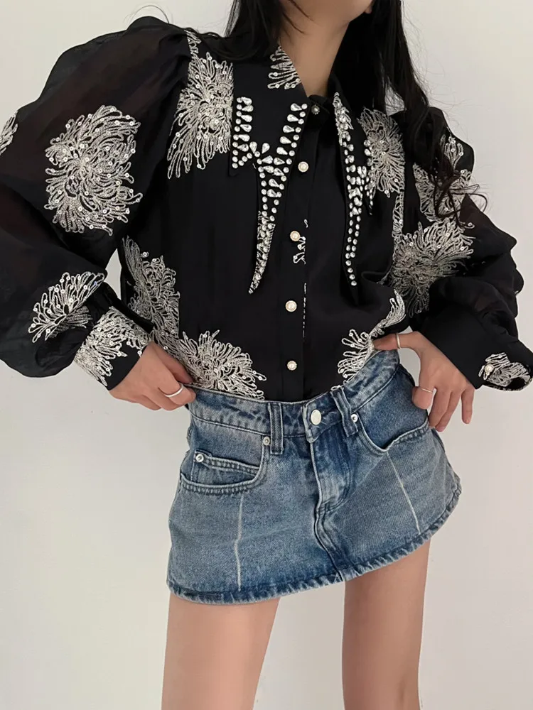 Beads Floral Embroidery Blusas Mujer Exquisite Single Breasated Shirts Blouses Laple Camisas Spring Women Clothing Top
Beads Floral Embroidery Blusas Mujer Exquisite Single Breasated Shirts Blouses Laple Camisas Spring Women Clothing Top