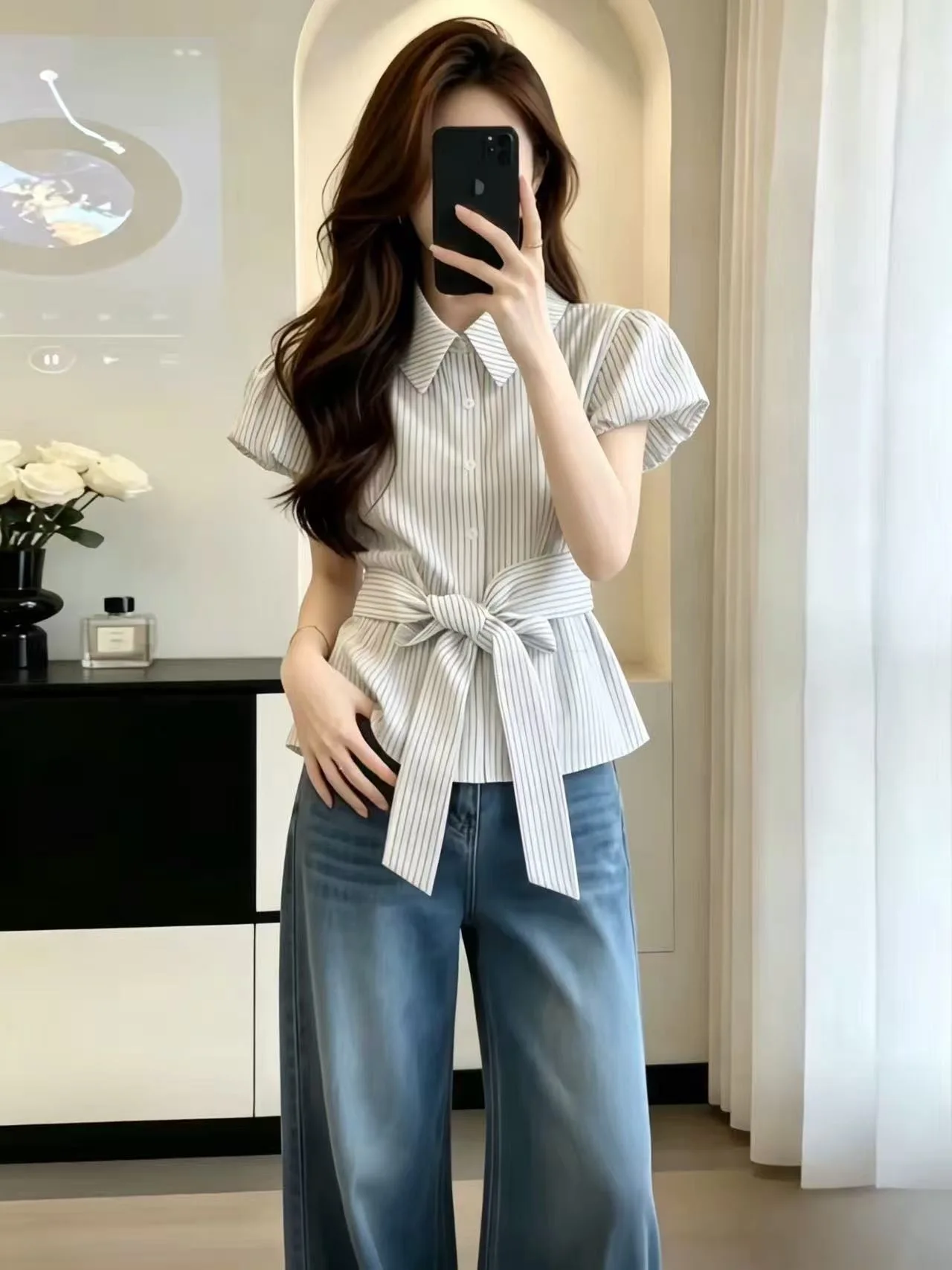 Korean Style Stripe Bubble Sleeve Shirt Women's Summer Waist-Cinching Knot Tie Shirt Youthful Citywalk Casual Shirt
Korean Style Stripe Bubble Sleeve Shirt Women's Summer Waist-Cinching Knot Tie Shirt Youthful Citywalk Casual Shirt