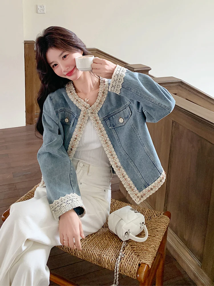 Trendy Lace Trim Denim Jaet Women's ort Sle Casual Loose Fit Long Sve round Ne Button up Spring Autumn New Arrival
Trendy Lace Trim Denim Jaet Women's ort Sle Casual Loose Fit Long Sve round Ne Button up Spring Autumn New Arrival