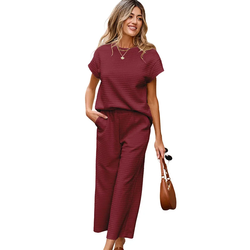 2025 Summer New Solid Color Texture Fashion Suit Women 2025 Casual Round Neck Short Sleeve Top + Pants Two-piece Set
2025 Summer New Solid Color Texture Fashion Suit Women 2025 Casual Round Neck Short Sleeve Top + Pants Two-piece Set