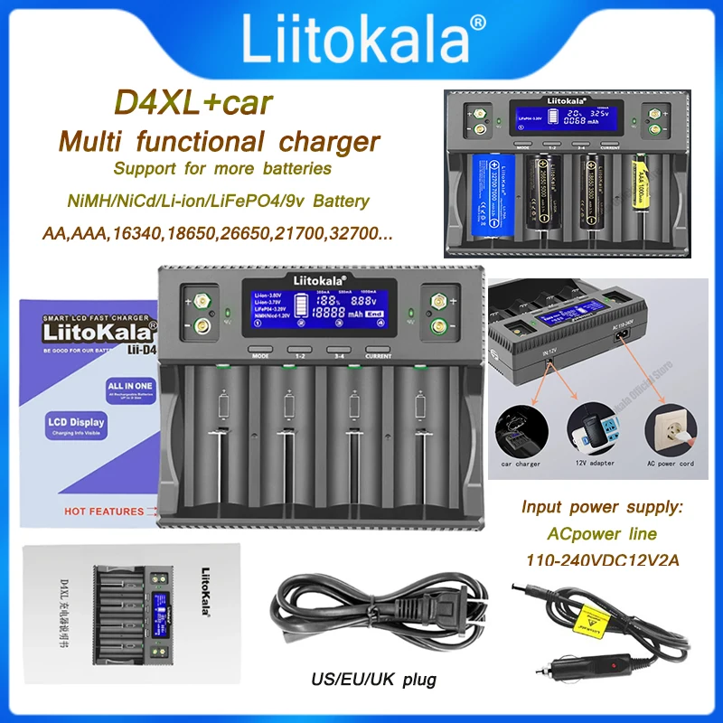 LiitoKala D4XL +Car21700 18650 3.7V li-ion 3.2V LiFePO4 1.2V NiMH/Cd 26650 26700 32700 D AA AAA 9V Display LCD caricabatteria
LiitoKala D4XL +Car21700 18650 3.7V li-ion 3.2V LiFePO4 1.2V NiMH/Cd 26650 26700 32700 D AA AAA 9V Display LCD caricabatteria