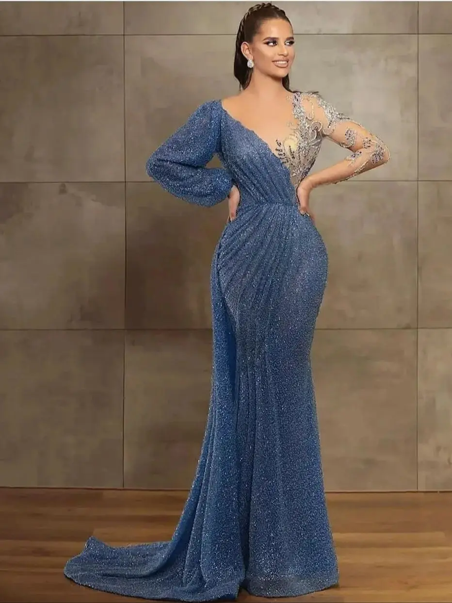 Sparkling Lace Pleated Mermaid Evening Gowns Long Sleeve Appliqued Diamante Prom Dresses Women's Formal Occasion Elegant Gowns
Sparkling Lace Pleated Mermaid Evening Gowns Long Sleeve Appliqued Diamante Prom Dresses Women's Formal Occasion Elegant Gowns