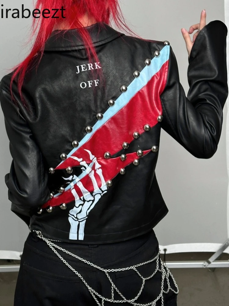 Rock-Inspired Embellished Leather Jacket - Studded Rhinestone Print Color-Block Bell Sleeves Slim Fit Women's Outerwear
Rock-Inspired Embellished Leather Jacket - Studded Rhinestone Print Color-Block Bell Sleeves Slim Fit Women's Outerwear